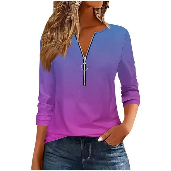 DAFPZW Gradient T-shirts for Women Casual V-Neck Half Zip Tunic Tops Ombre 3/4 Sleeve Loose Fit Tunic Shirt Blouse Tees