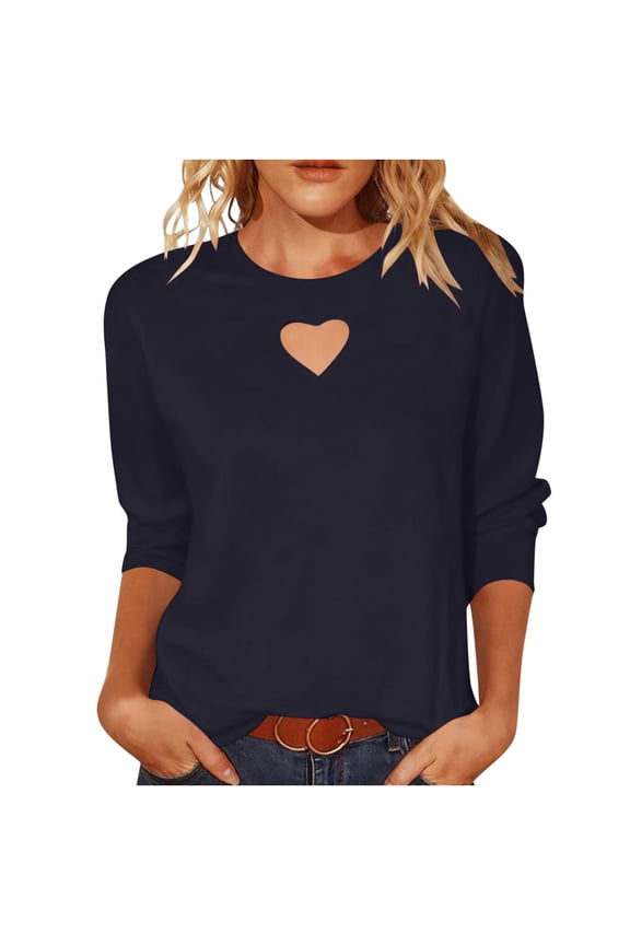 Heart Cut Out Tops for Women 3/4 Sleeve Trendy Casual Going Out Shirts Heart Shaped Chest Keyhole Pullover Tunic Tops