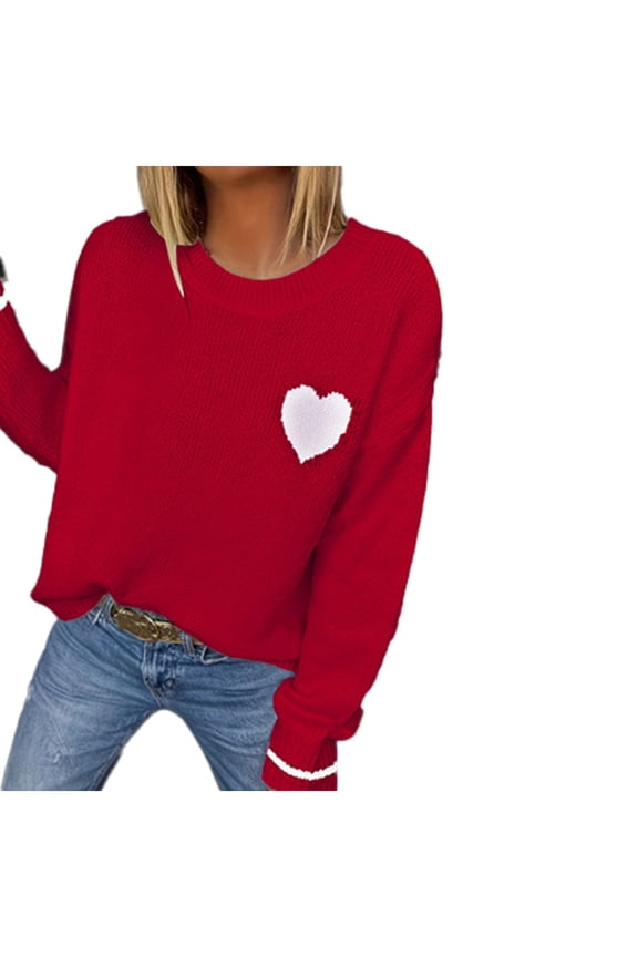 Heart Print Sweater for Women Sequin Long Sleeve Crewneck Knitted Pullover Love Sweatshirt Y2K Tops