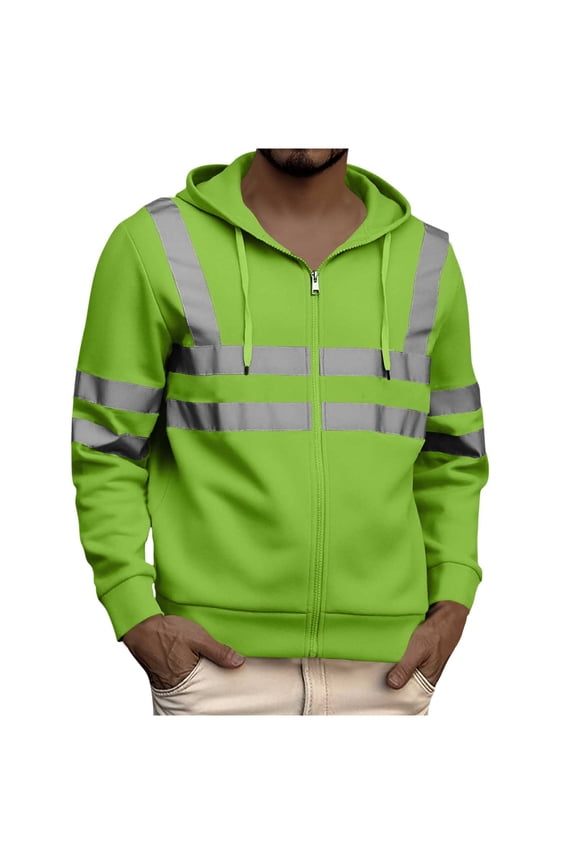 High Visibility Safety Sweatshirt for Men Class 3 Reflective Strips Zipper Up Hooded Jacket Work Utility Hi-Vis Hoodies