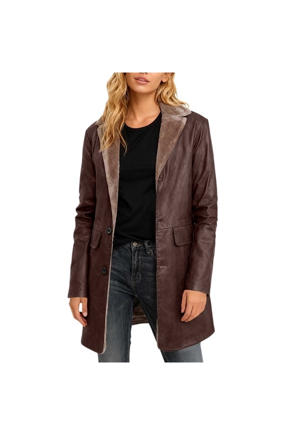 Leather Jacket for Women Trench Coat Long Loose Button Fleece Lined Jackets Winter Open Front Faux Motorcycle Coats