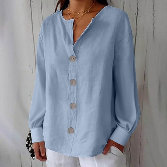 DAFPZW Linen Shirts for Womens Summer Button Down V Neck 3/4 Sleeve Blouses Casual Loose Seniors Tunic Tops