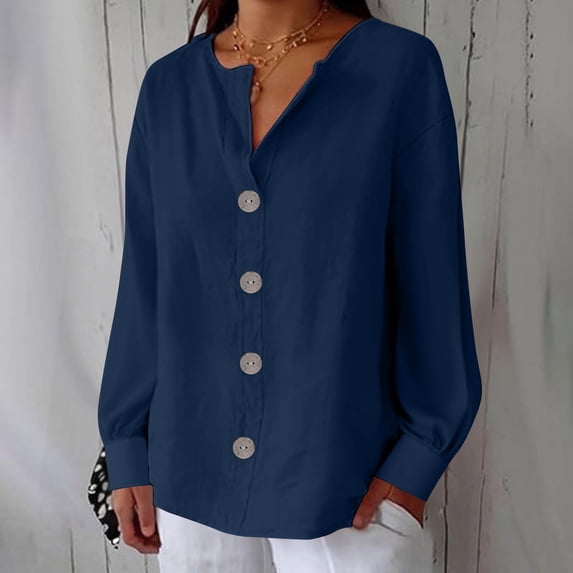 DAFPZW Linen Shirts for Womens Summer Button Down V Neck 3/4 Sleeve Blouses Casual Loose Seniors Tunic Tops