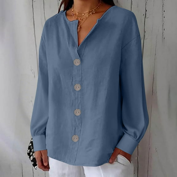 DAFPZW Linen Shirts for Womens Summer Button Down V Neck 3/4 Sleeve Blouses Casual Loose Seniors Tunic Tops