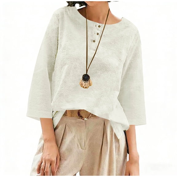 DAFPZW Linen Tops for Women 3/4 Sleeve Crew Neck Cotton Shirts Casual Jacquard Boho Blouses