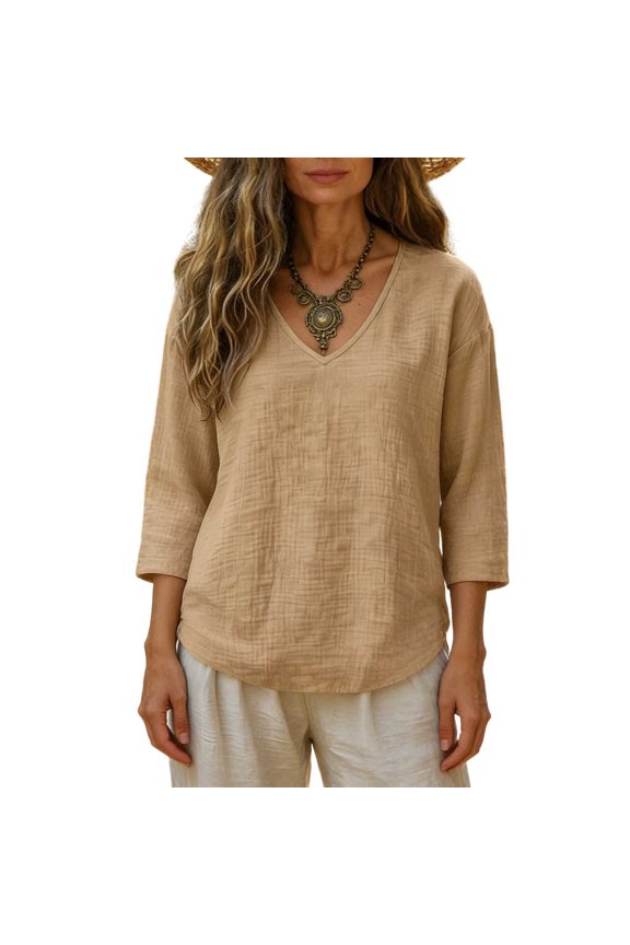 Linen Tops for Women Plus Size Summer Gauzy Shirts 3/4 Sleeve V-Neck Blouses Dressy Casual Tunic Loose Clothes