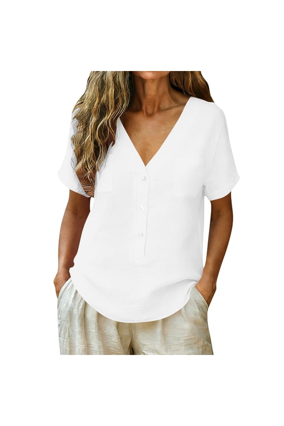 Linen Tops for Women Short Sleeve Button Down Shirts Casual Summer Cotton Gauze Clothes Loose Fit Tunic Blouses