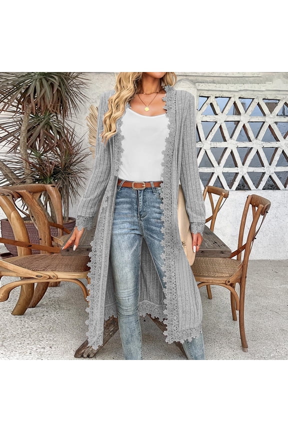 Long Cardigans for Women Open Front Drape Lightweight Duster Long Sleeve Crochet Lace Outerwear Casual Fall Cardigan