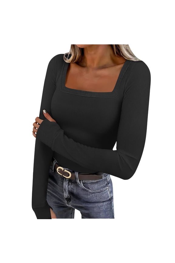 Long Sleeve Shirts for Women Slim Fit Square Neck Basic Tops with Thumb Holes Soft Classic Solid Going Out Tops