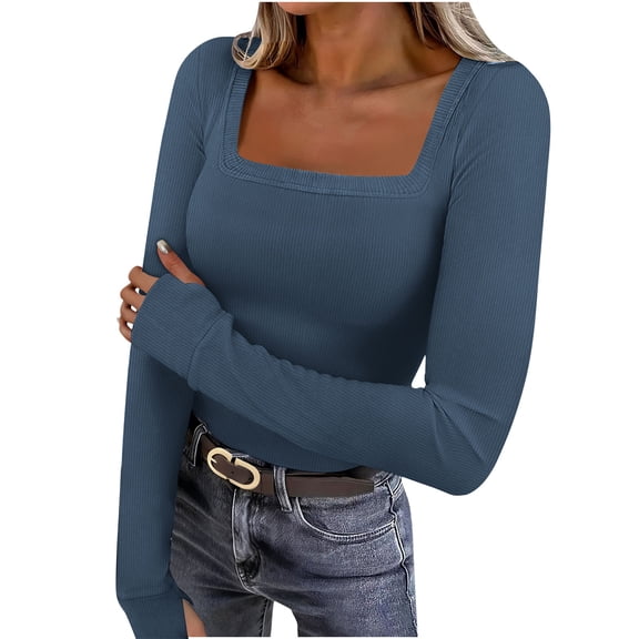 DAFPZW Long Sleeve Shirts for Women Slim Fit Square Neck Basic Tops with Thumb Holes Soft Classic Solid Going Out Tops