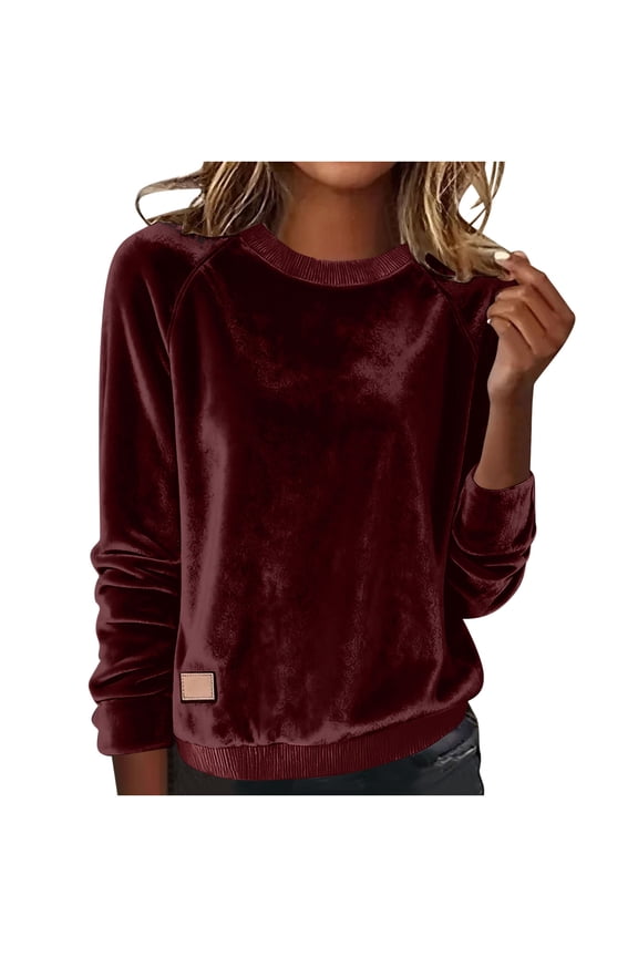 Long Sleeve Velvet Tops for Women Dressy Loose Fit Velour Pullover Crewneck Soft Comfortable Sweatshirt