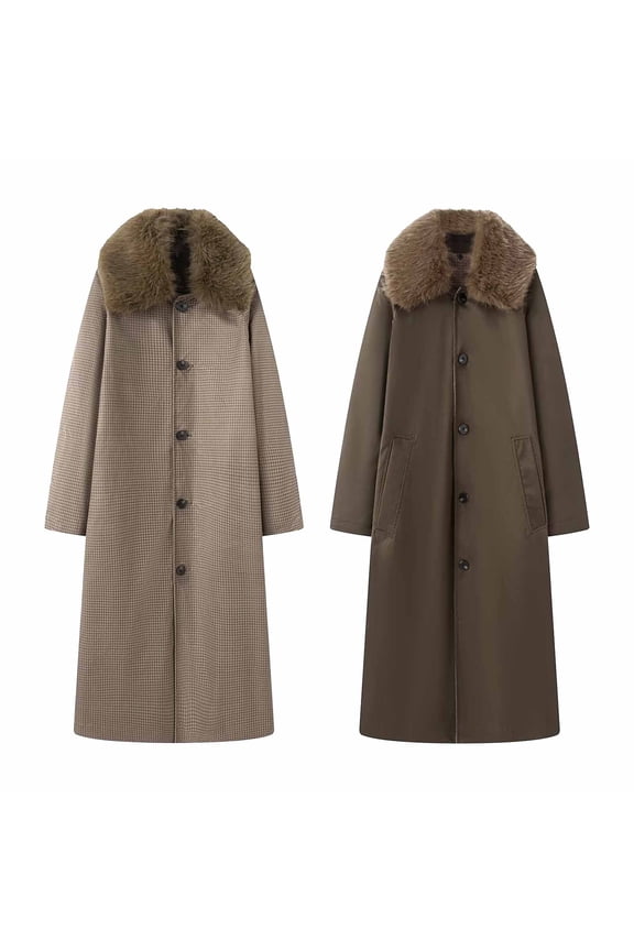 Maxi Trench Coat for Women with Luxury Fur Collar Button Down Woolen Peacoat Elegant Winter Overcoat Jackets