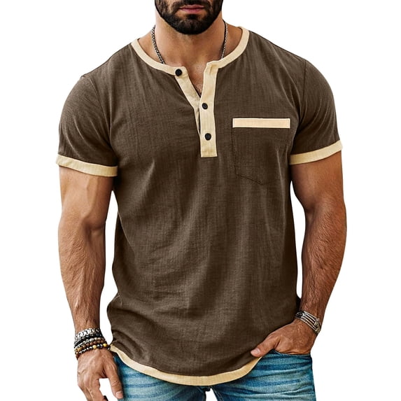 DAFPZW Men Short Sleeve Button Shirt Dressy Casual T-shirt Stylish Gym Workout Color Block Tee Tops with Pocket