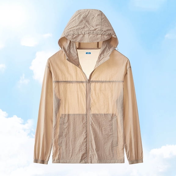 DAFPZW Men Sunscreen Fishing Jacket Fashion Color Block Lightweight Long Sleeves Zipper Hood Shirts Coat Tops with Pocket