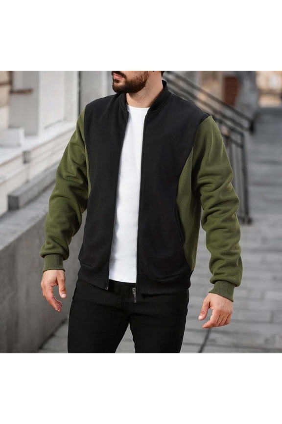 Men's Baseball Jacket Full Zip Color Blocked Bomber Jackets Casual Stand Collar Sport Outerwear Spring Fall Trendy Coat