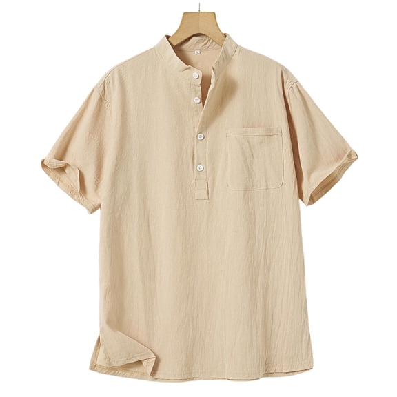 DAFPZW Men's Casual Cotton Linen T-Shirts Band Collar Short Sleeve V-Neck Button Up Beach Tops Summer Vacation Blouse