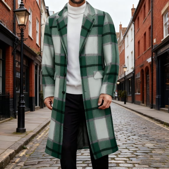 DAFPZW Men's Casual Trench Coat Notched Collar Plaid Single Breasted Jackets Wool Blend Formal Outwear
