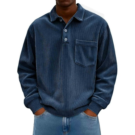DAFPZW Men's Corduroy Shirts Solid Color Fall Half Button Long Sleeves Shirt Casual Work Collared Pullover Tops with Pockets