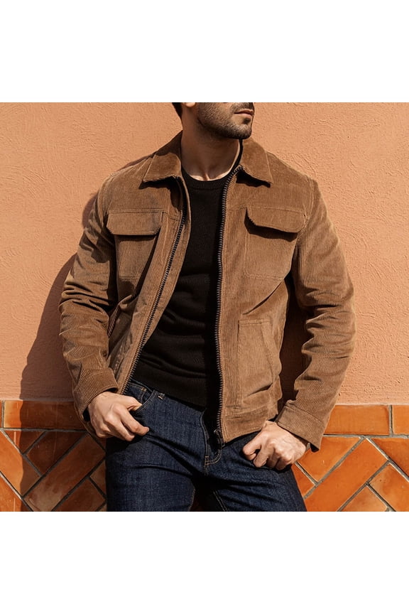 Men's Corduroy Trucker Jacket Full Zip Cotton Lightweight Flight Bomber Jackets Vintage Outerwear Coat