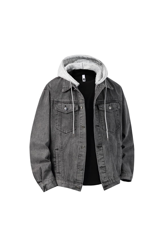 Men's Denim Jacket with Removable Hood Multi-Pocket Jean Jacket Casual Trucker Jacket Fashion Denim Outerwear