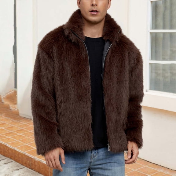 DAFPZW Men's Faux Fur Jackets Winter Thicken Warm Luxury Overcoat Fluffy Coats Long Sleeves Zipper Parka Jacket Outerwear