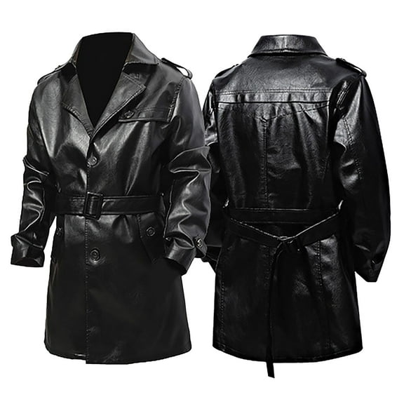 DAFPZW Men’s Leather Trench Coat Lapel Collar Classic Design Mid Length Motorcycle Jacket with Belt