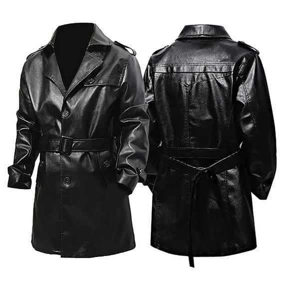 DAFPZW Men’s Leather Trench Coat Lapel Collar Classic Design Mid Length Motorcycle Jacket with Belt