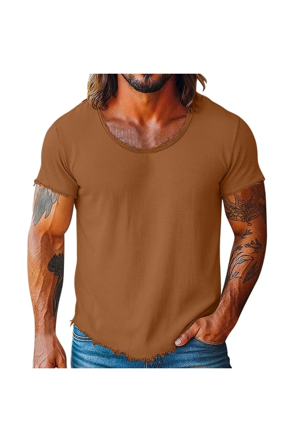 Men's Linen T-Shirt Short Sleeves Crew Neck Plain Fashion Designer Basic Soft Raw Edge Vacation Street Tee for Men
