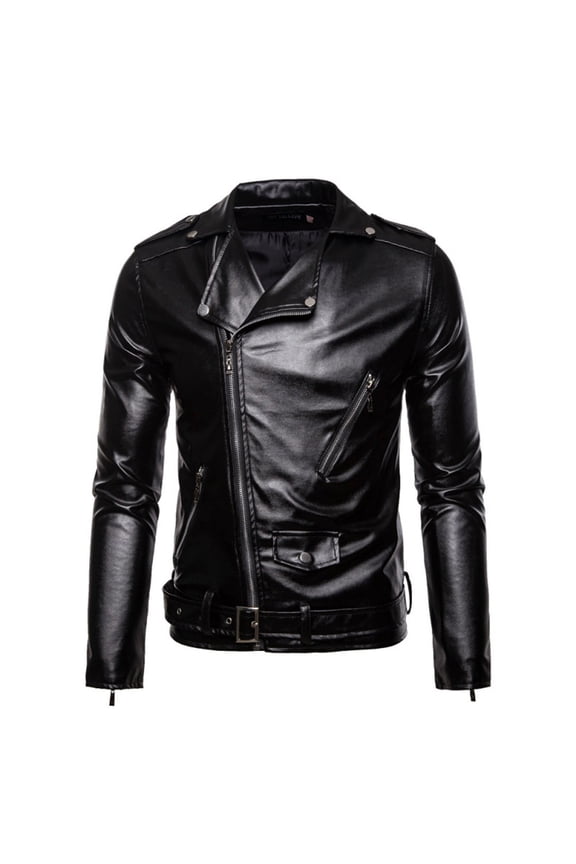 Men's PU Leather Jacket Causal Belted Faux Leather Motorcycle Jacket Zipper Biker Coat
