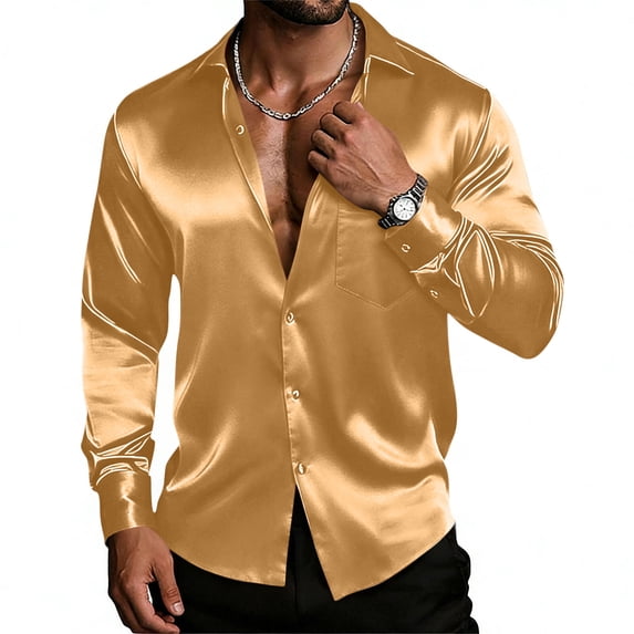 DAFPZW Men's Satin Silk Shirts Long Sleeve Lapel Collar Button Down Comfy Shirt Casual Work Business Dress Tops Outfits