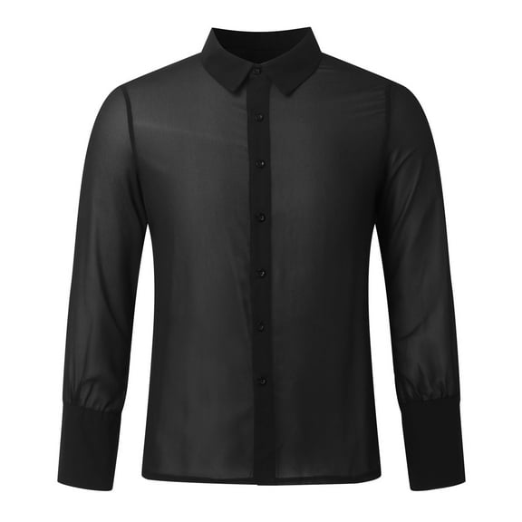 DAFPZW Men's Sheer Mesh Clubwear Shirts Long Sleeve Sexy See Through Button Down Lapel Lingerie Shirts
