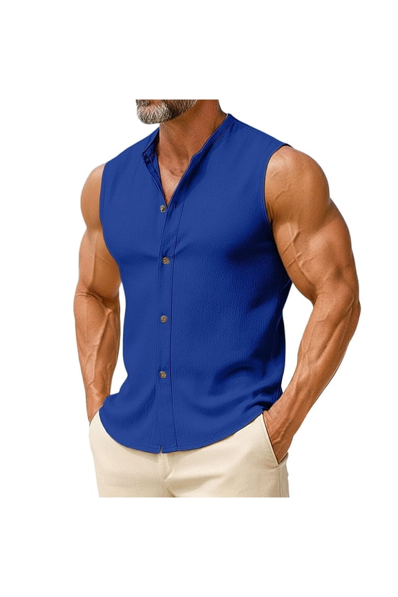 Men's Summer Beach Tank Tops Sleeveless Linen Button Up Shirt Casual Textured T-Shirts Vacation Tropical Outfits