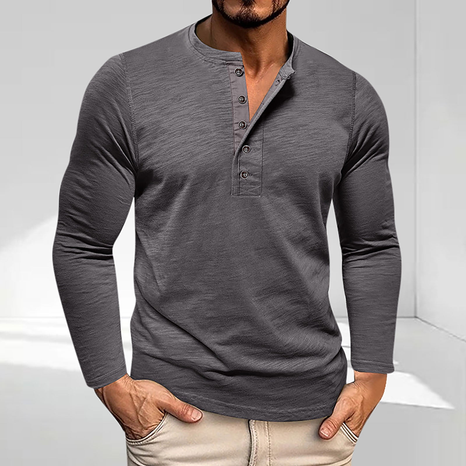 PARKLEES Heren Henley Shirt Casual Spier Slim Fit Workout Atletische T- shirts met lange mouwen, legergroen, S