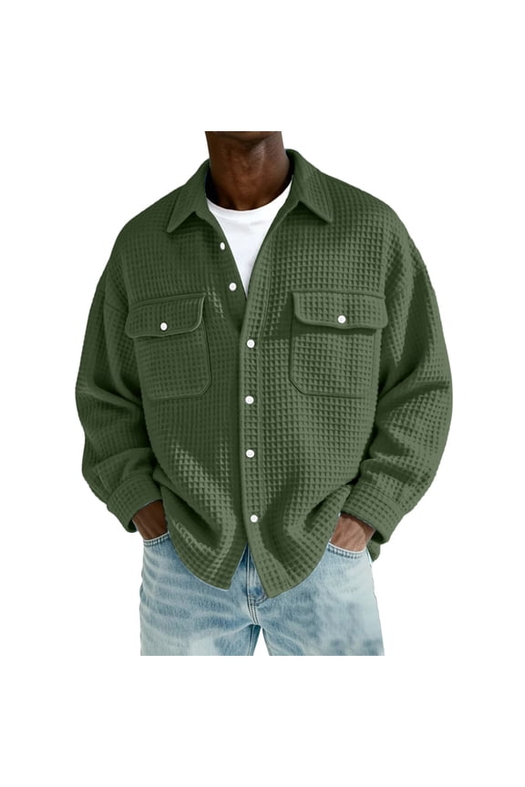 Mens Casual Shirt Jacket Button Down WaffleKnit Jacket Long Sleeve Sweater Jackets Quilted Shacket Overshirt