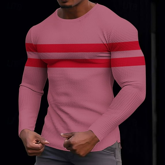 DAFPZW Mens Cotton Knit Tops Thermal Long Sleeve Tee Shirts Striped Color Block Boyfriend Birthday Plus Size Tops