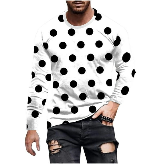 DAFPZW Mens Crew Neck Long Sleeve Tee Shirts Polka Dots T-Shirt Fashion Solid Color Basic Pullover Fall Casual Vintage Tops