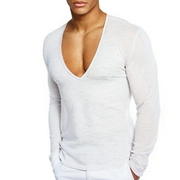 DAFPZW Mens Deep V Neck T-Shirts Long Sleeve Thermal Undershirt Stretch Underwear Muscle Fit Low Cut Workout Slim Fit Top