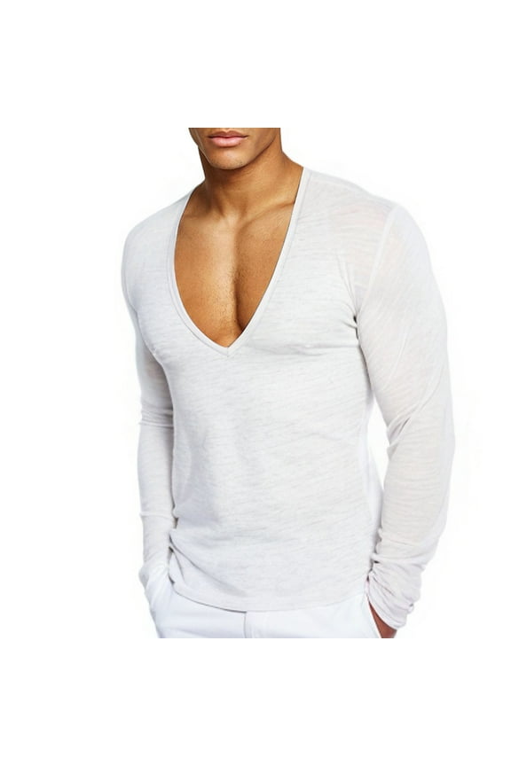 Mens Deep V Neck T-Shirts Long Sleeve Thermal Undershirt Stretch Underwear Muscle Fit Low Cut Workout Slim Fit Top