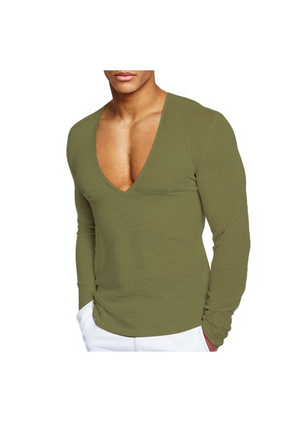 Mens Deep V Neck T-Shirts Long Sleeve Thermal Undershirt Stretch Underwear Muscle Fit Low Cut Workout Slim Fit Top