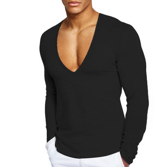 DAFPZW Mens Deep V Neck T-Shirts Long Sleeve Thermal Undershirt Stretch Underwear Muscle Fit Low Cut Workout Slim Fit Top