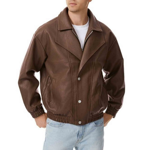 DAFPZW Mens Double Collar Faux Leather Jacket Zip Up Button Down Lapel Windproof Bomber Parka Trendy Motorcycle Coat with Pockets