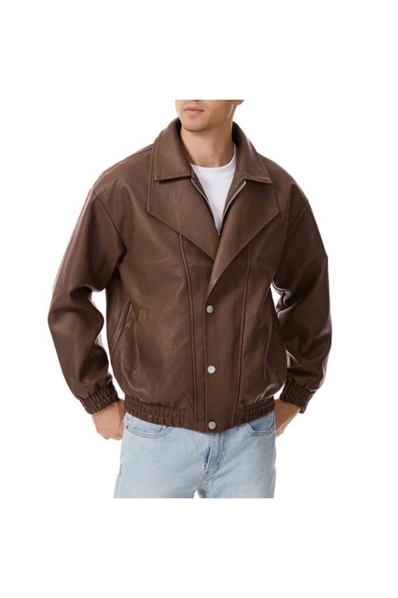 Mens Double Collar Faux Leather Jacket Zip Up Button Down Lapel Windproof Bomber Parka Trendy Motorcycle Coat with Pockets