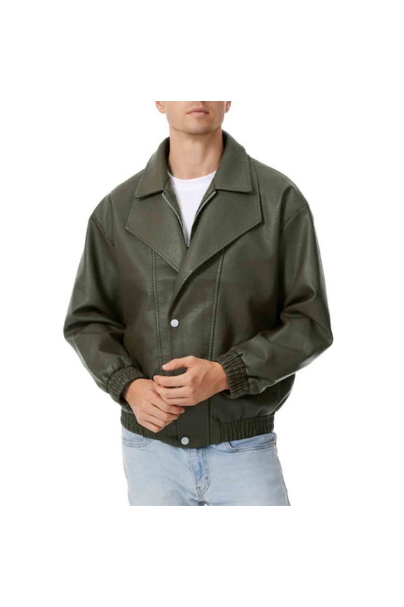 Mens Double Collar Faux Leather Jacket Zip Up Button Down Lapel Windproof Bomber Parka Trendy Motorcycle Coat with Pockets