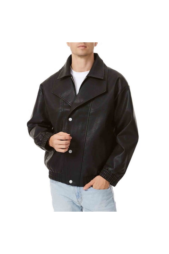 Mens Double Collar Faux Leather Jacket Zip Up Button Down Lapel Windproof Bomber Parka Trendy Motorcycle Coat with Pockets