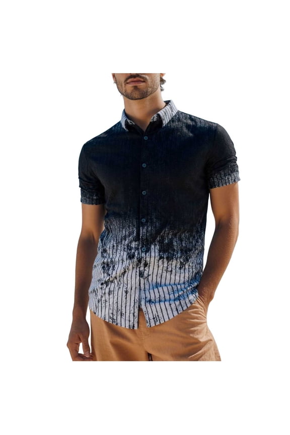 Mens Fashion T-Shirts Short Sleeve Casual Gradient Print Collared Shirts Button Down Beach Summer Vacation Slim Shirt