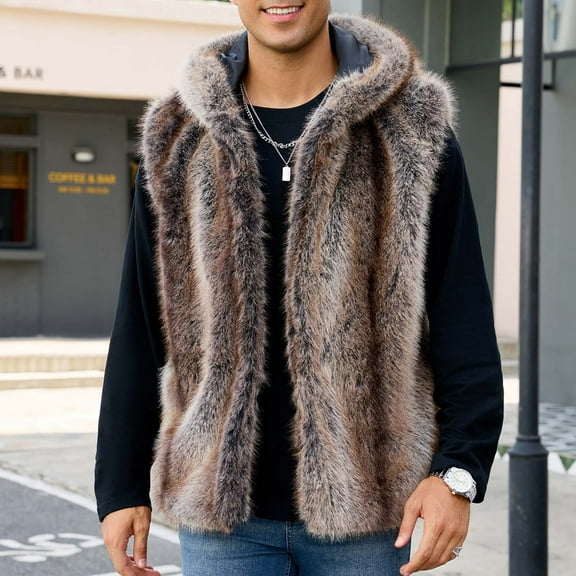 DAFPZW Mens Faux Fur Sleeveless Vest Open Front Hooded Fuzzy Jacket Cardigan Fleece Plush Coat Outerwear