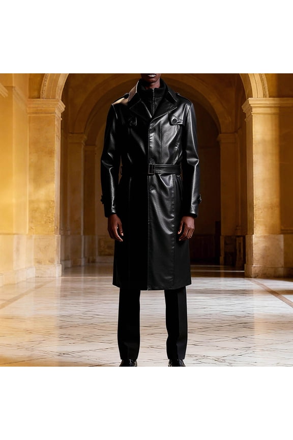 Mens Faux Leather Long Trench Coat Business Work Jackets Coats Single Breasted Pockets Outerwear with Belt