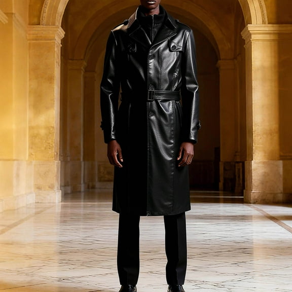 DAFPZW Mens Faux Leather Long Trench Coat Business Work Jackets Coats Single Breasted Pockets Outerwear with Belt