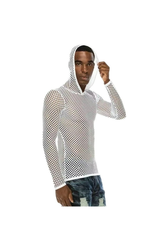 Mens Fishnet Hoodie Mesh Shirt See Through Undershirt Sexy Net Top Long Sleeve Muscle Shirts