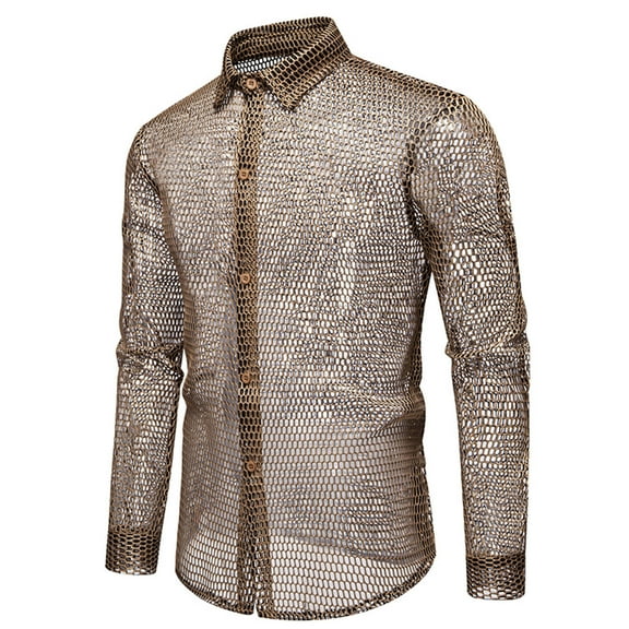 DAFPZW Mens Fishnet See Through Shirts Casual Long Sleeve Button Down Collared Hollow Out Sheer Shirts Party Night Club Wear